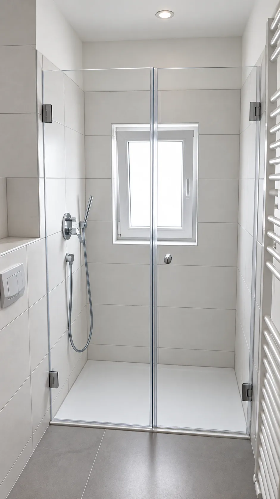 Nischendusche mit Seitenteil und Glastür vor grauen Fliesen mit Fenster