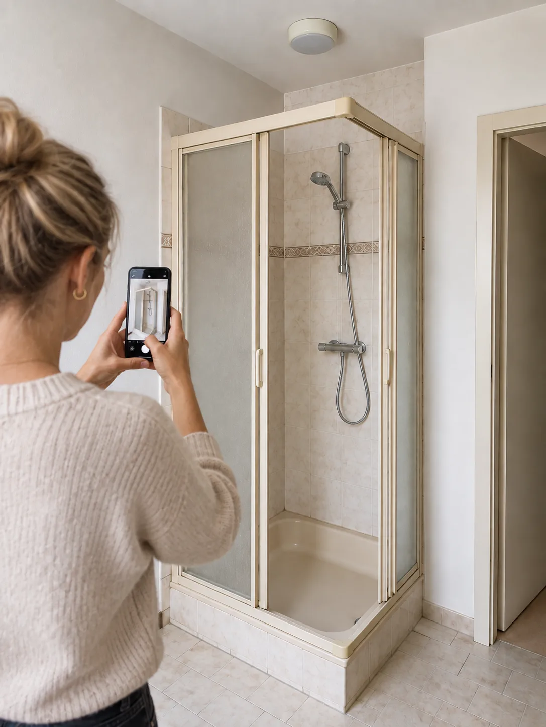 Kundin fotografiert ihre alte Duschkabine mit dem Smartphone, um Fotos für die Projektanfrage einzusenden