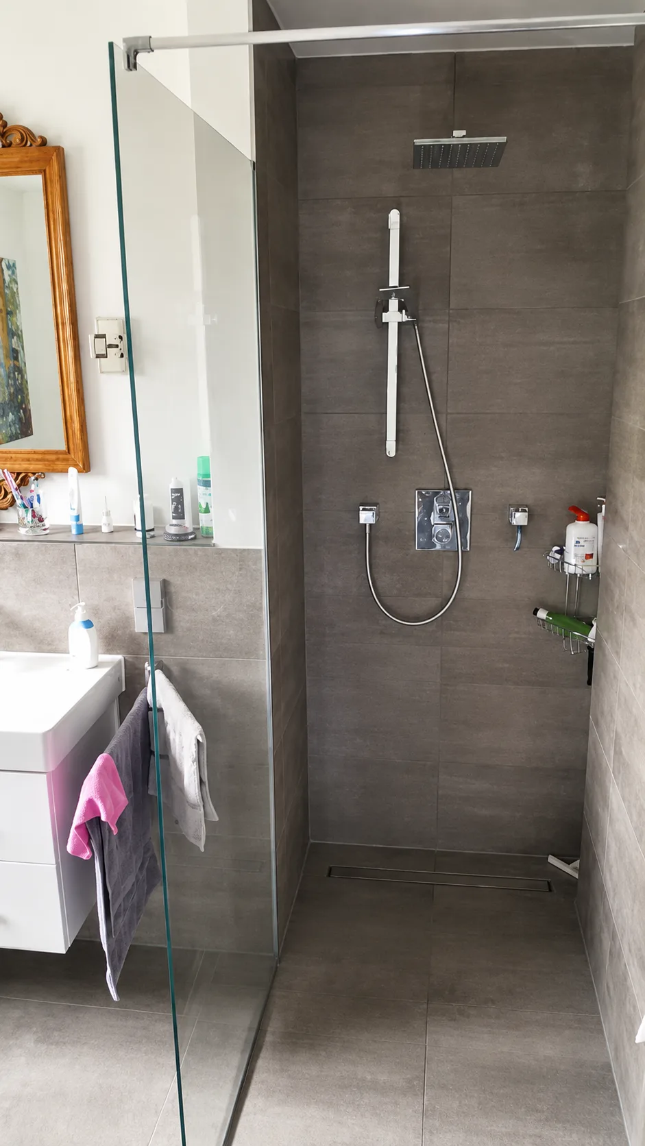 Offene Walk-in-Nischendusche mit fester Glaswand und dunklen Fliesen