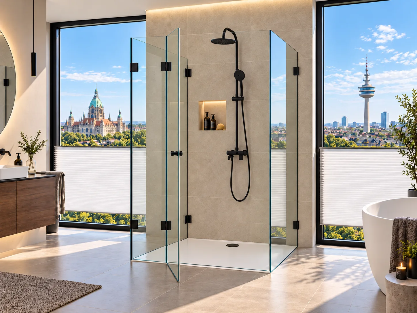 U-förmige Glasdusche mit schwarzen Beschlägen und Blick auf die Hannover-Skyline