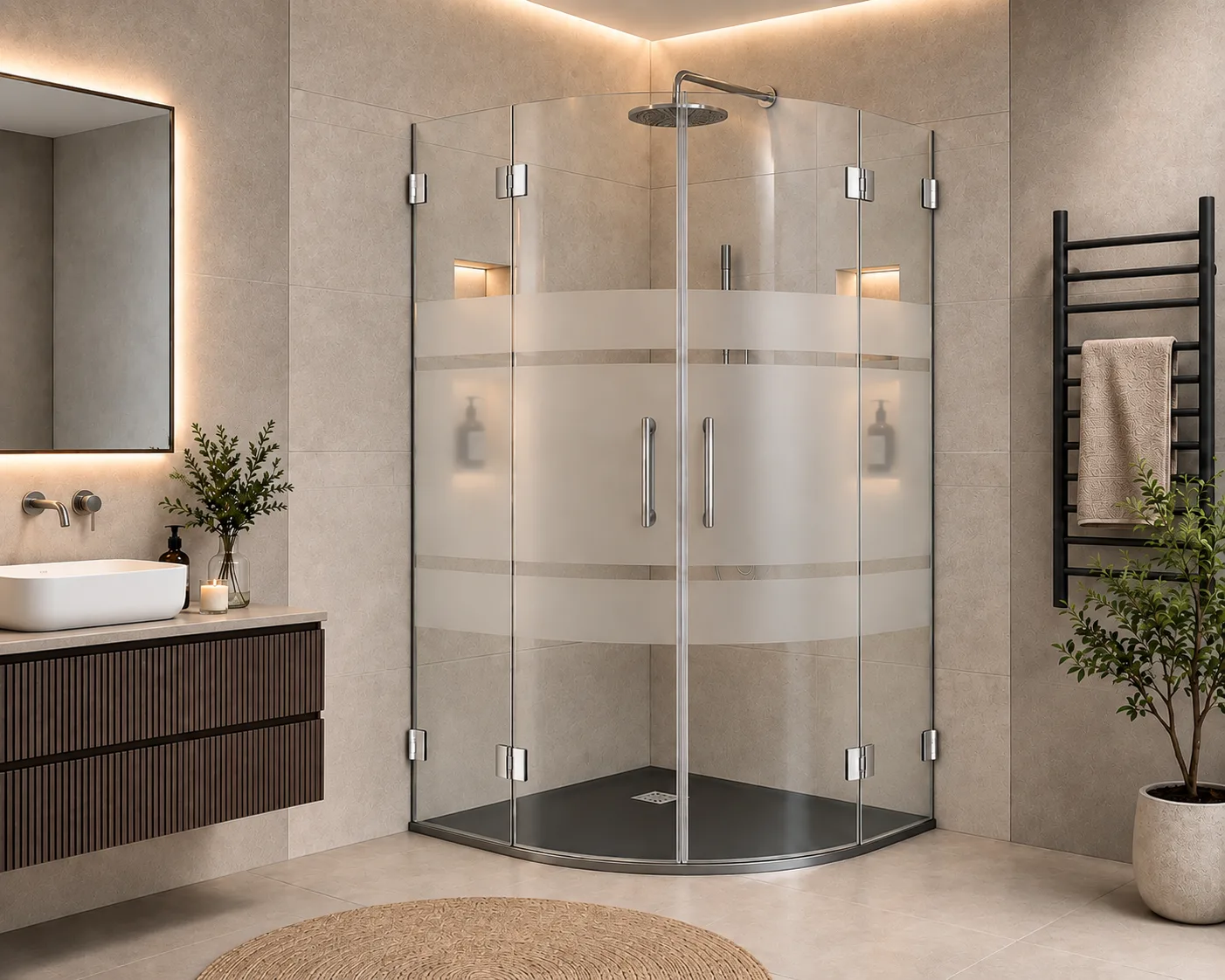 Gebogene Runddusche aus Glas mit satinierten Streifen in einem hellen Badezimmer