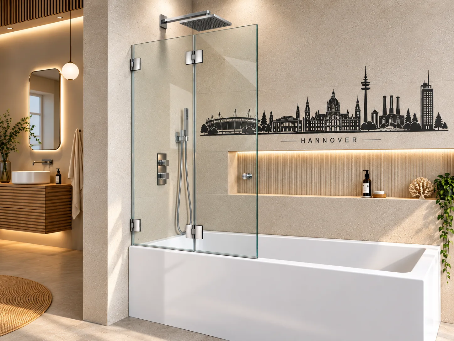 Badewannenaufsatz aus Glas mit Chrom-Beschlägen vor einer Wand mit Hannover-Skyline-Motiv