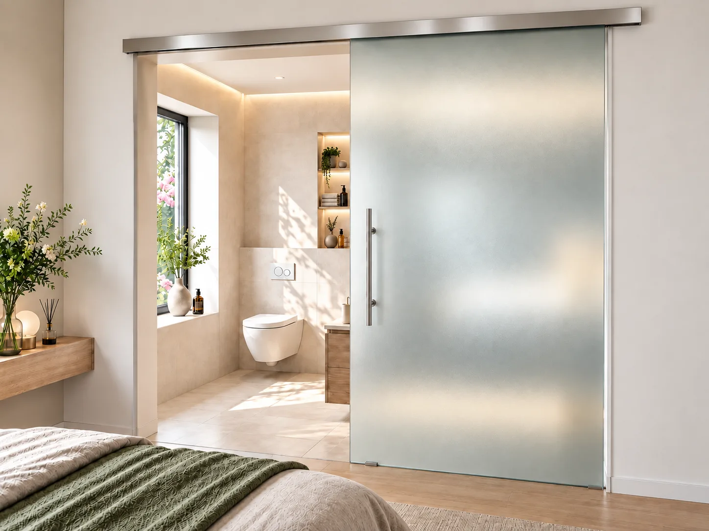 Satinierte Glasschiebetür als Raumtrennung zwischen Schlafzimmer und Bad