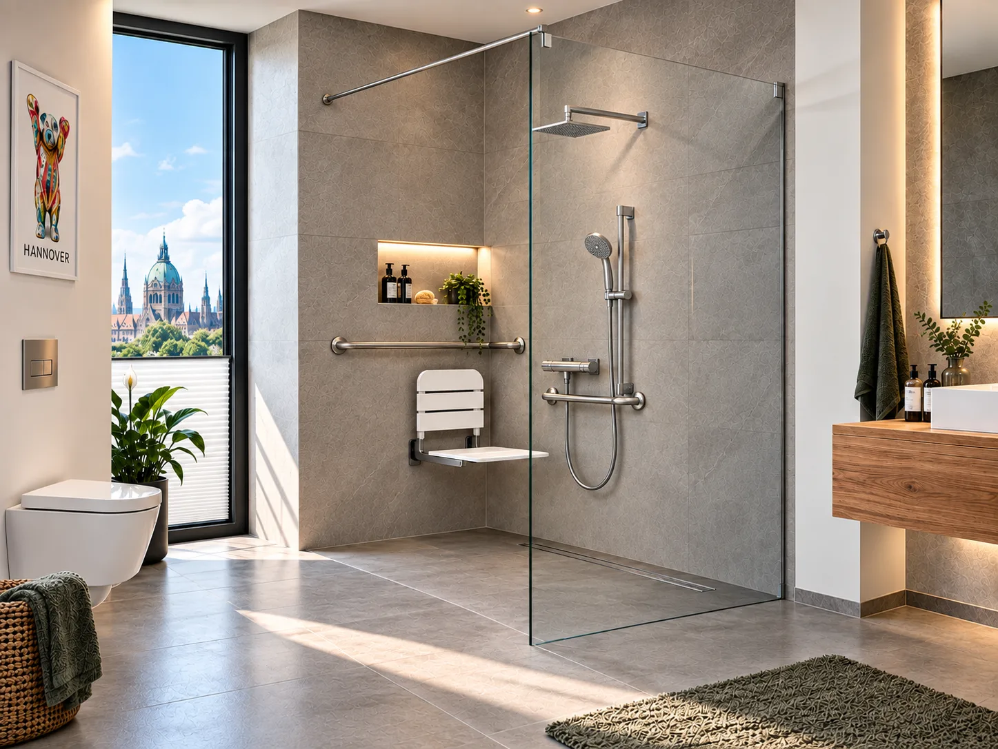 Altersgerechte und barrierearme Walk-in-Dusche mit Haltegriffen, Duschsitz und ebenerdigem Zugang