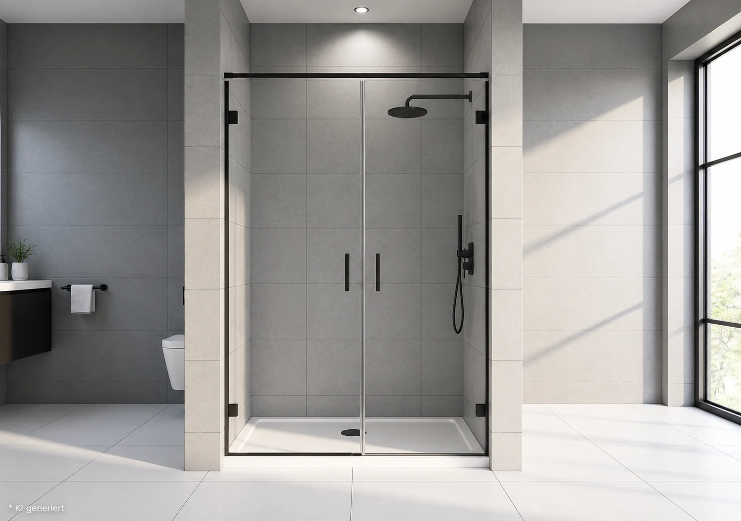 Nischendusche nach Maß mit Pendeltür Moderne Nischendusche aus Glas mit schwarzen Beschlägen in einem Badezimmer in Hannover