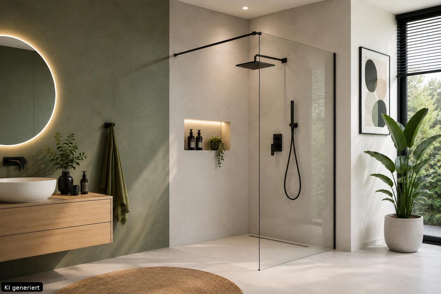 Moderne Walk-in-Dusche nach Maß Moderne Walk-in-Dusche aus Glas in einem hellen Badezimmer mit bodengleichem Einstieg