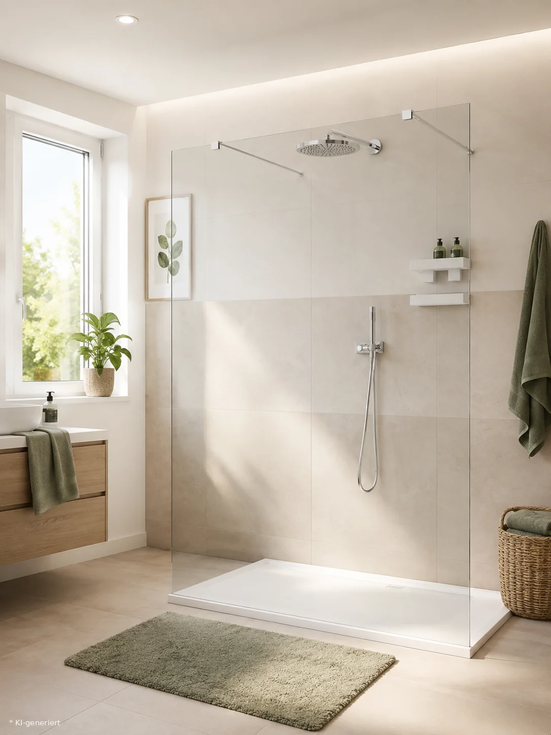 Großzügige Walk-in-Dusche mit klarer Glasarchitektur Moderne Walk-in-Ganzglasdusche in einem hellen Badezimmer in Hannover