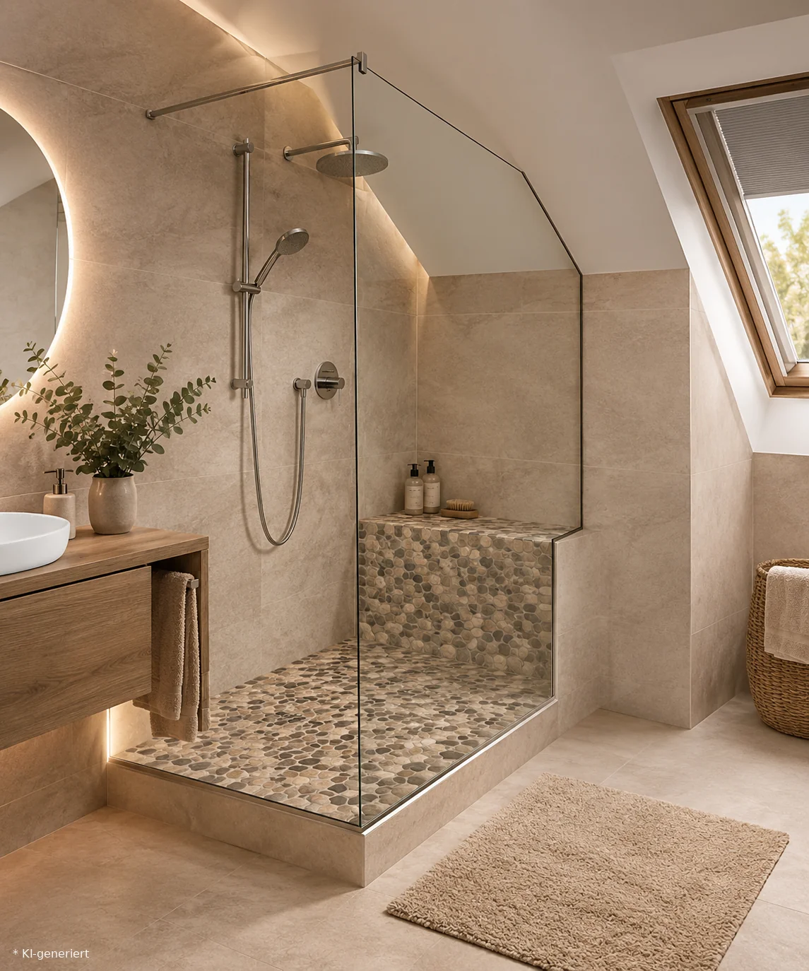 Offene Walk-in-Glasdusche unter einer Dachschräge in Hannover