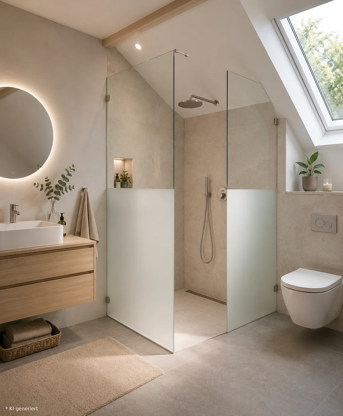 Glasdusche mit satinierter Glasabtrennung im Badezimmer mit Dachschräge