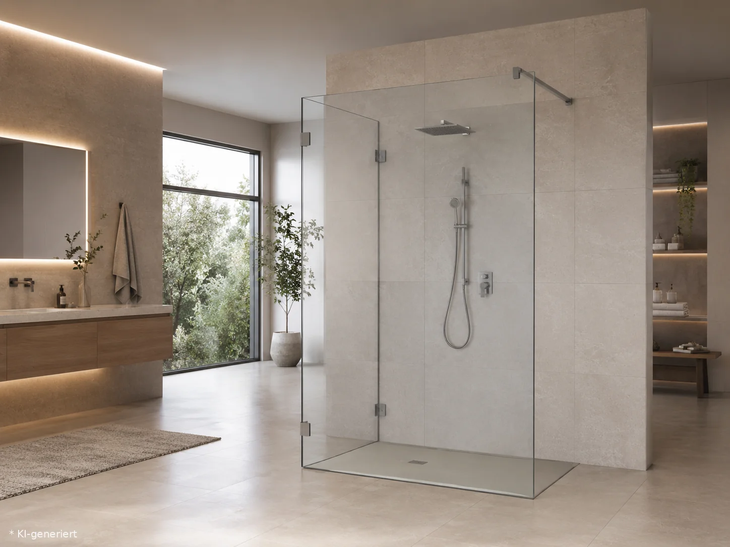 Walk-in-Ecklösung mit rahmenlosem Glas Großzügige Walk-in-Ganzglasdusche in Hannover mit rahmenloser Glasabtrennung als Ecklösung