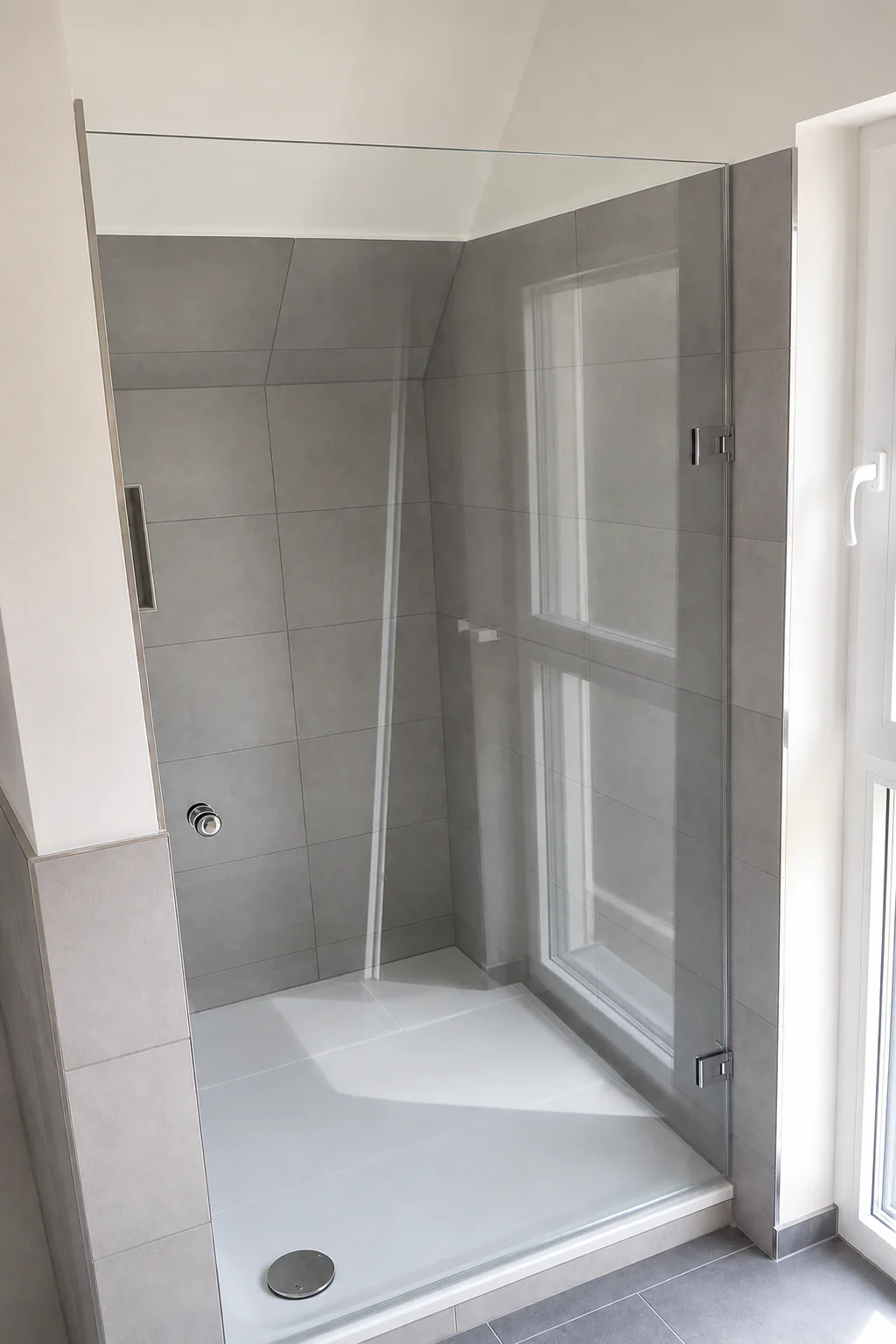 Glasdusche unter einer Dachschräge mit Dachfenster über dem Duschbereich