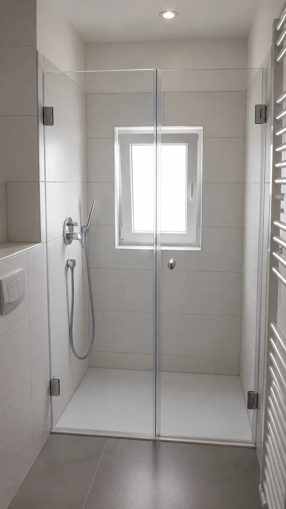 Nischendusche mit Seitenteil und Pendeltür Nischendusche mit festem Seitenteil links und Pendeltür rechts