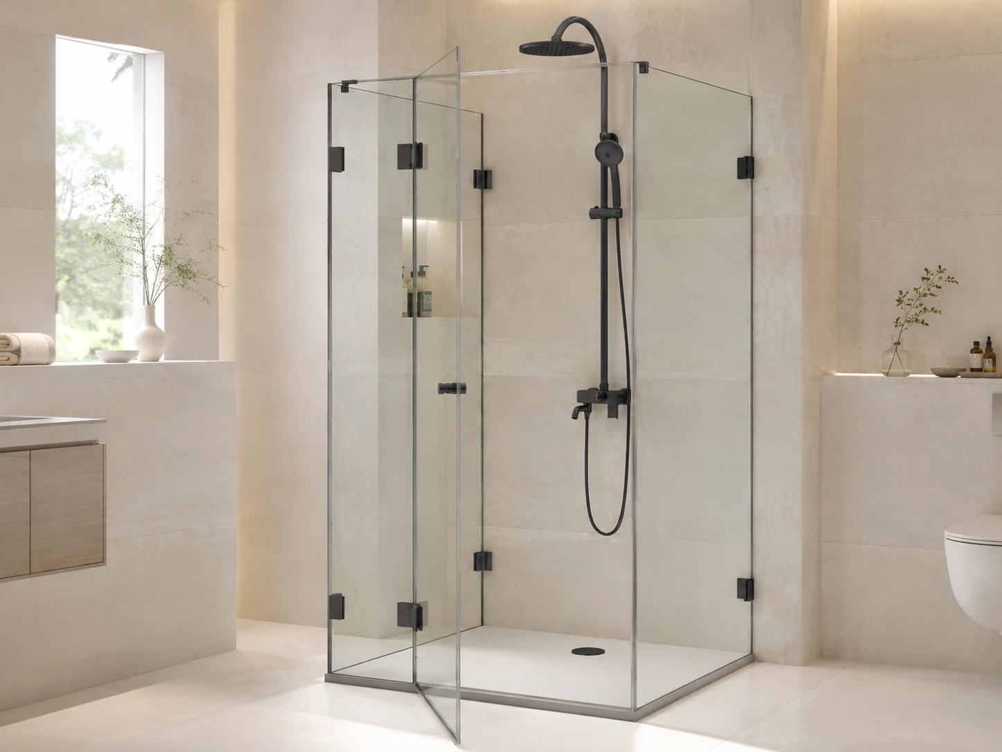 U-Dusche aus Glas nach Maß – Beispielabbildung Beispielhafte U-Dusche aus Glas mit drei Glasseiten in einem Badezimmer