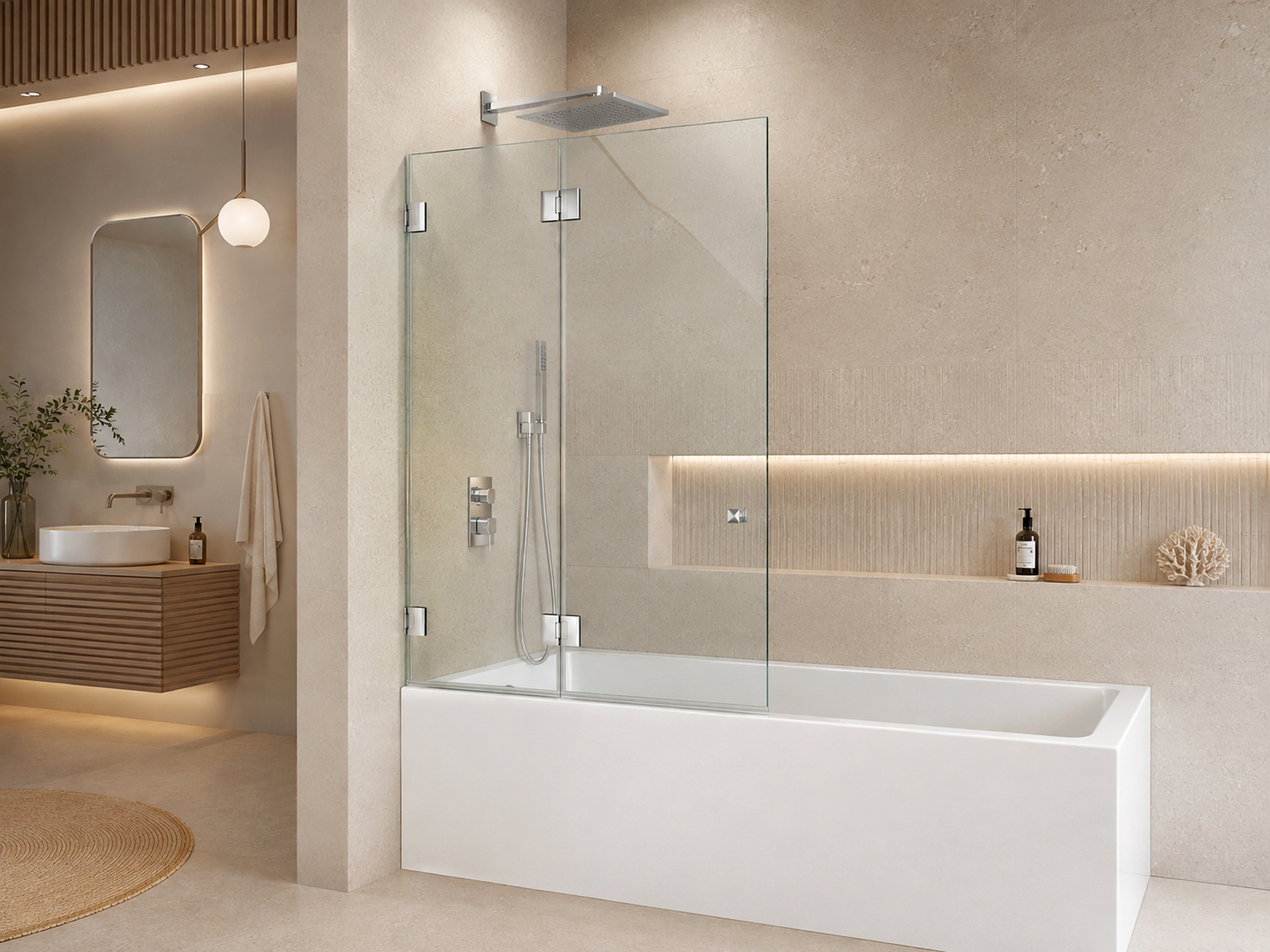 Badewannenaufsatz aus Glas nach Maß Maßgefertigter Badewannenaufsatz aus Glas mit zwei Elementen in einem Badezimmer