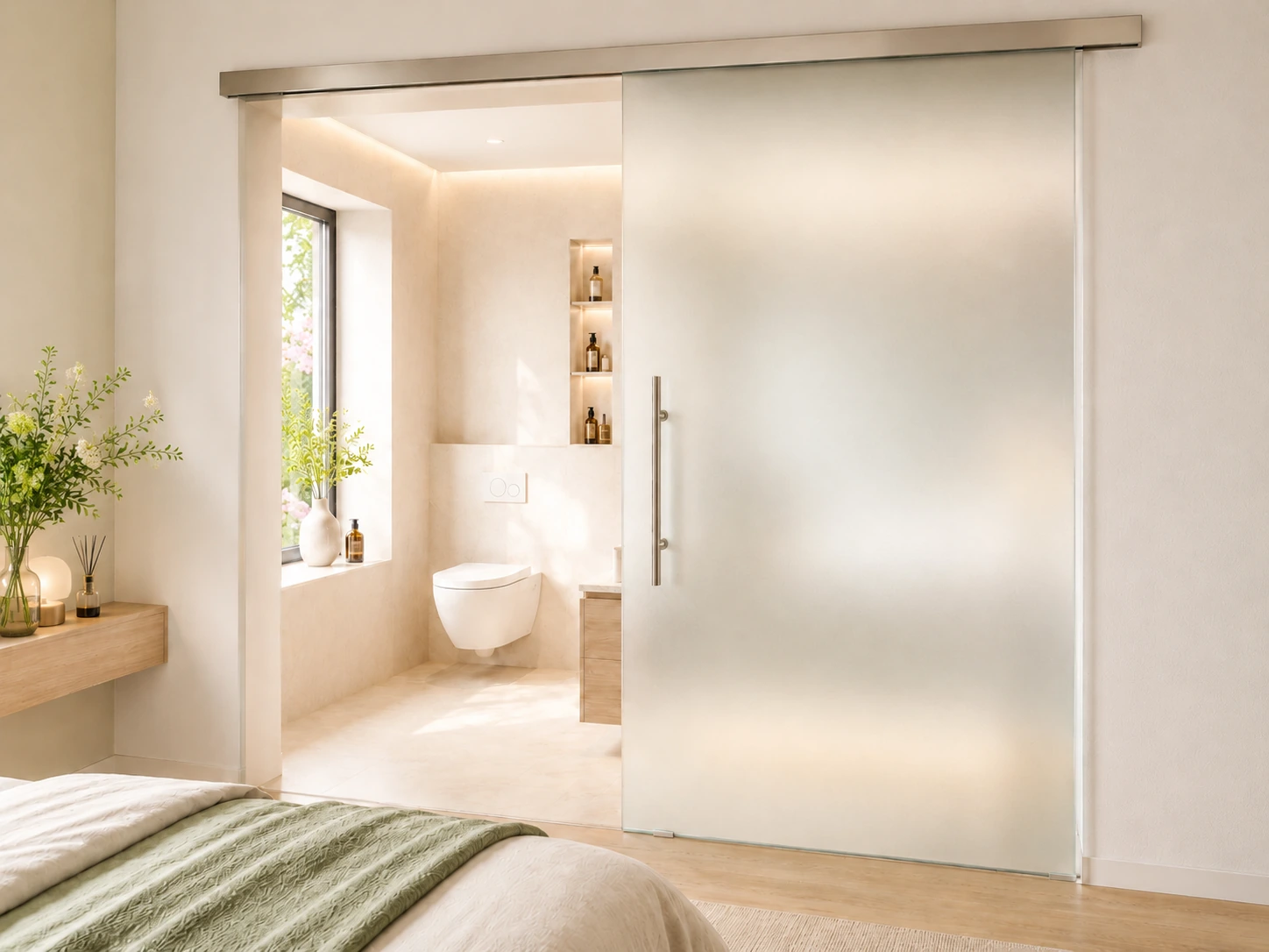 Satinierte Glasschiebetür zwischen Schlafzimmer und Badezimmer Satinierte Glasschiebetür zwischen Schlafzimmer und Badezimmer, Blick vom Bett aus
