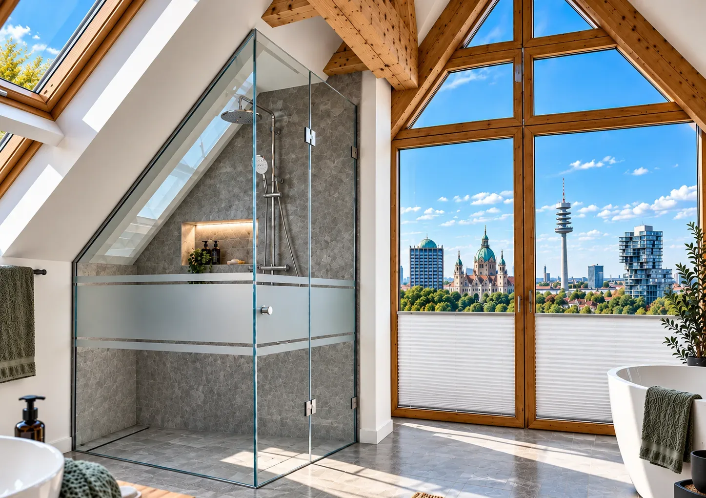 Glasdusche im Dachgeschoss unter freiliegenden Dachbalken mit weitem Blick über die Dächer und freistehender Badewanne