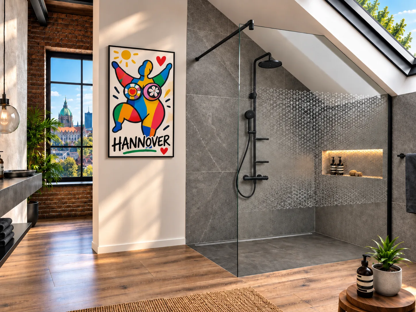 Duschwand für die Dachschräge Feststehende Duschwand aus Glas unter einer Dachschräge mit offenem Einstieg, im Hintergrund ein buntes Hannover-Poster