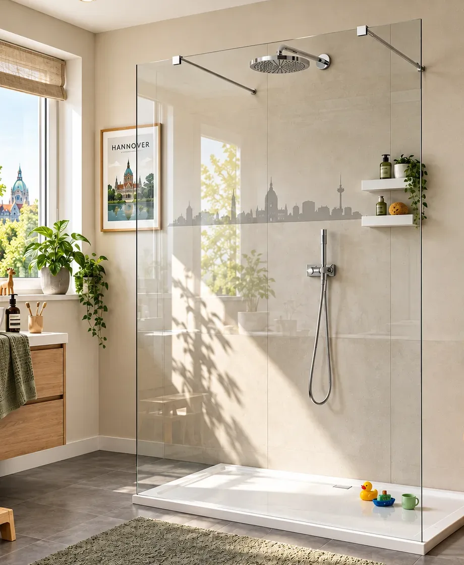Freistehende Walk-in-Dusche aus Glas mit Hannover-Skyline-Motiv, Regendusche und Handbrause