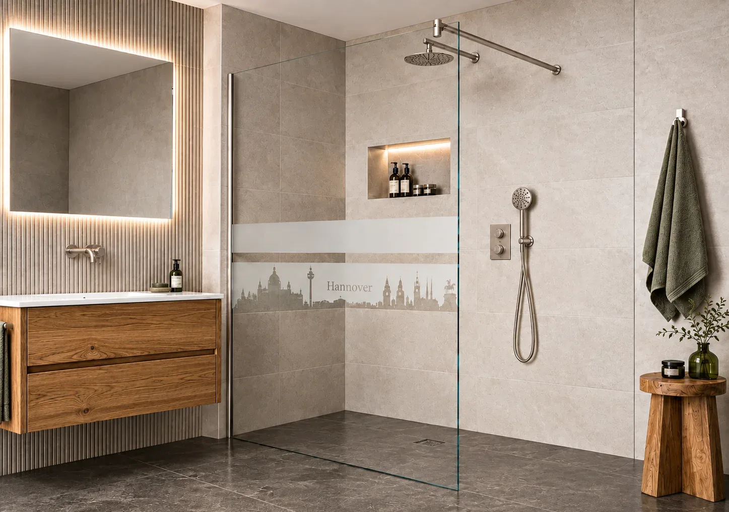 Walk-in-Dusche mit graviertem Skyline-Motiv auf der Glasfläche und Beschlägen in Nickel