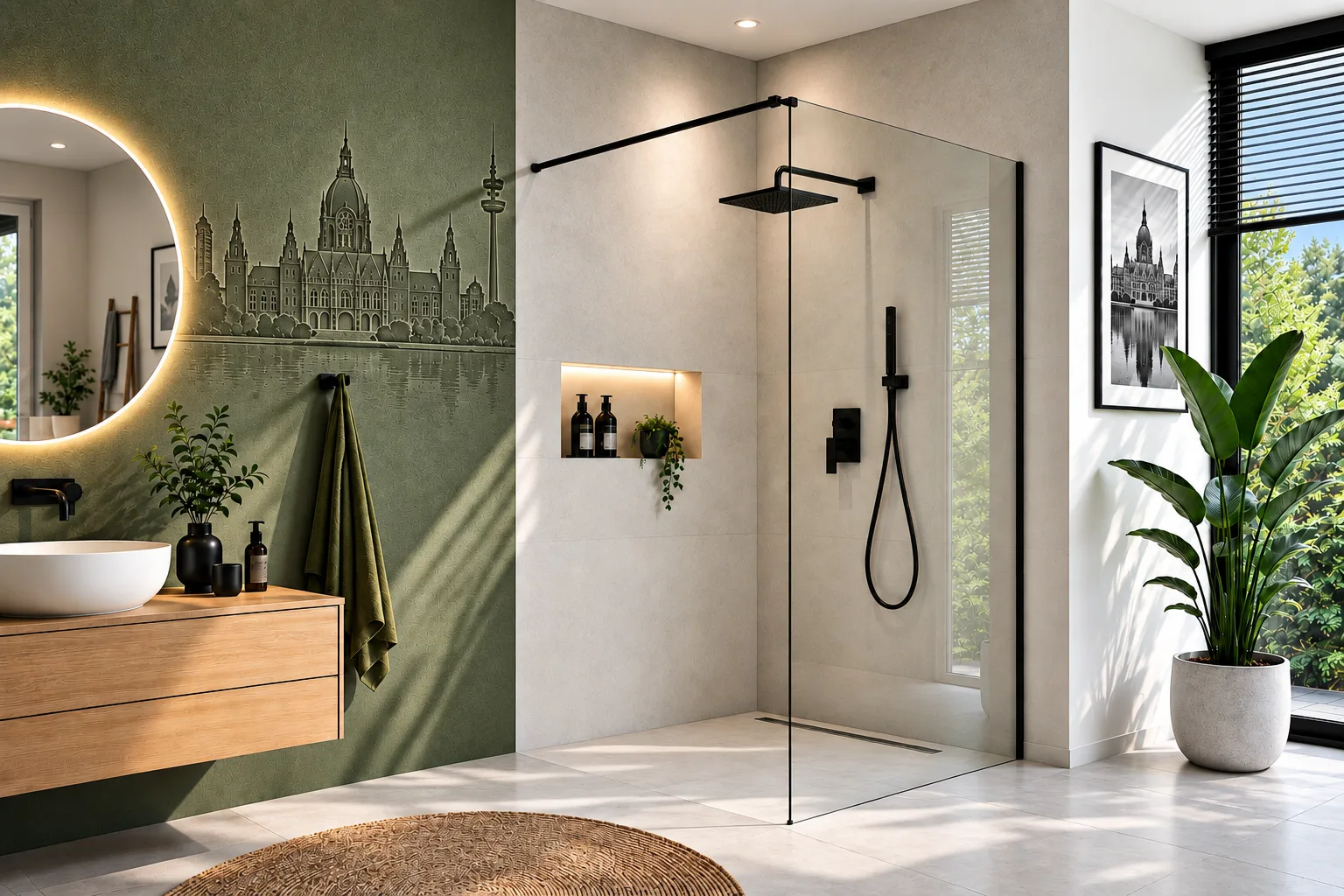 Moderne Walk-in-Dusche aus Glas mit schwarzen Beschlägen und beleuchteter Nische in einem hellen Badezimmer in Hannover